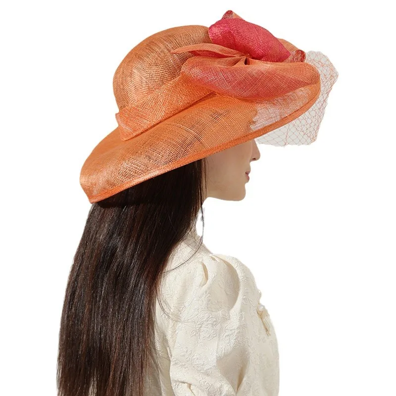 fashion chic Women orange sinamay UV protection sun hat wide brim Kentucky Derby Church wedding Party mesh veil hat