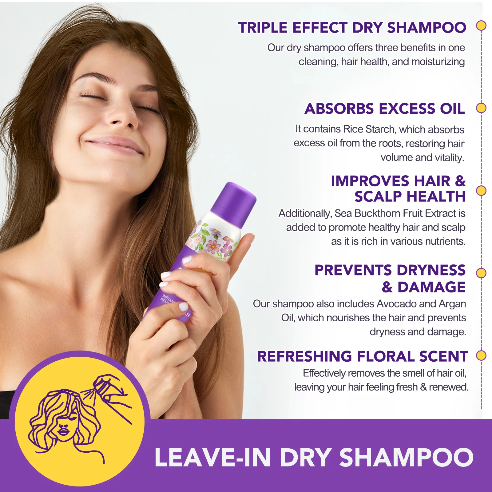 ALIVER 3 In 1 Multivitamin Dry Shampoo Spray Powder Natural Argan Oil Fresh Floral Fragrance Dry Hair Shampoo Spray For Women