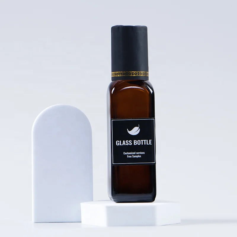 Fancy 100ml small amber square glass bottles with black metal lids for olive oil