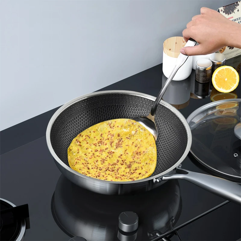 Modern Design Chinese Nonstick Wok Pan Stainless Steel Cooking Frying Pan Glass Lids Flat Induction Cooker Honeycomb Cooking