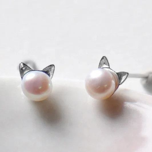 
Tiny Cute Animal Cat Ears Freshwater 7mm 8mm Pearl Stud 925 Sterling Silver Earrings 