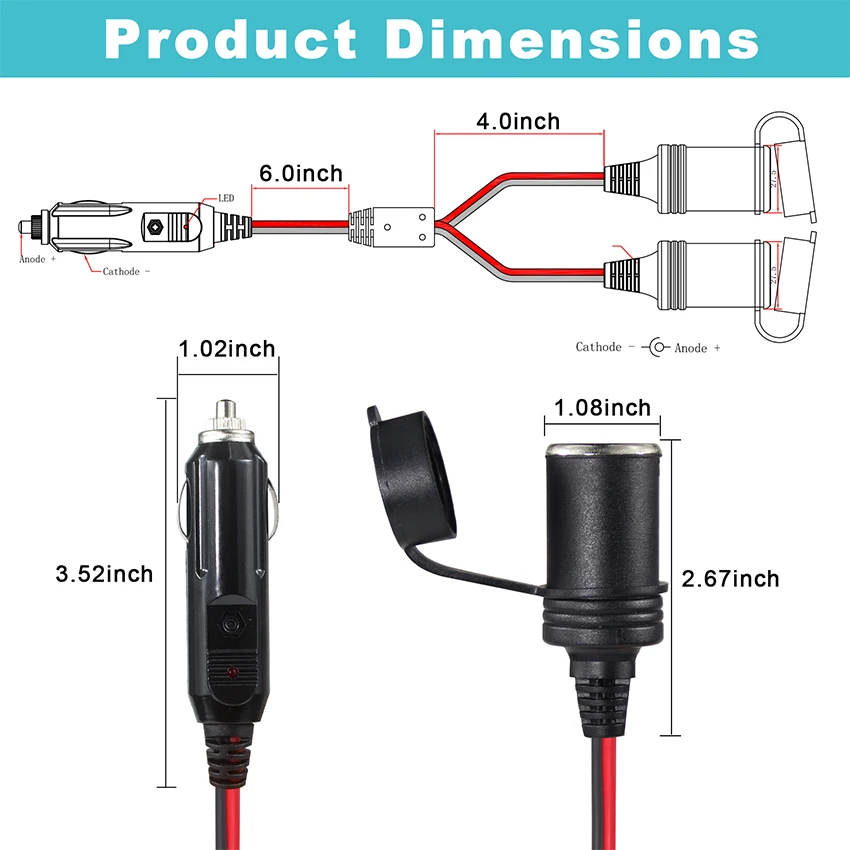 Led Indicator 1 Male To 2 Female Socket Connect 12V Car Auto Cigarette Lighter Replacement Plug