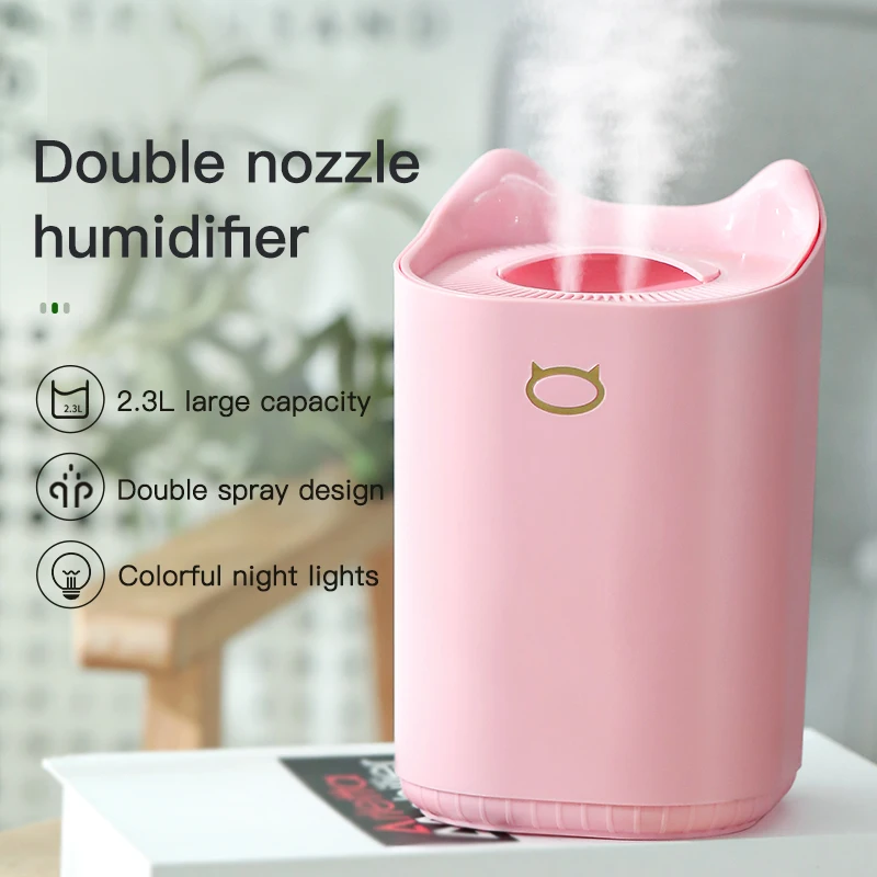Amazon Top Seller FCC Double Nozzle Humidification 2.3L Plastic Manual Mist Nebulizer Desk Car USB Air Humidifier Ultrasonic