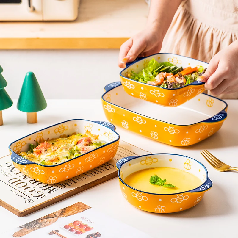 Rectangular Round Ceramic Bakeware Plate Bee Pattern Tableware Ceramic Baking Pan Tray With Double Ear