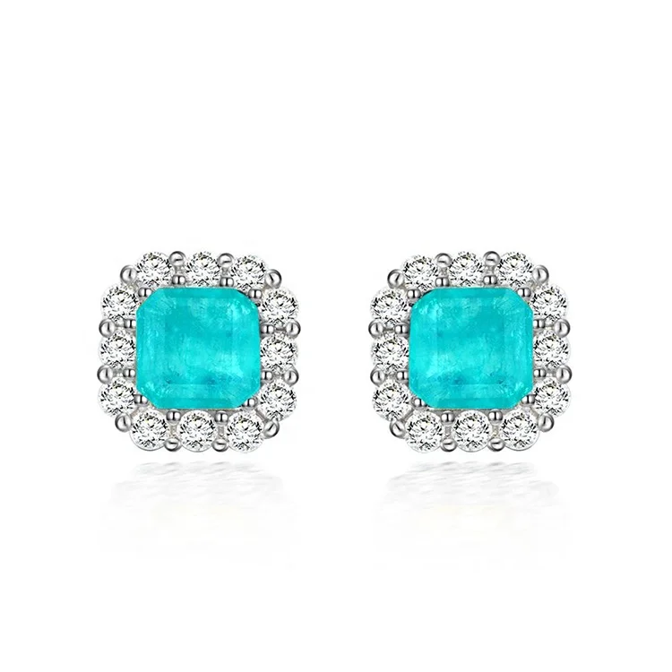 Silver Jewelry 925 Paraiba Square Crystal Paved Ear Tragus Stud Earrings Xmas Gift