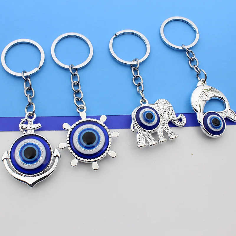 Custom OEM Logo Evil Eye Key Ring Pendants Blue Eyes Glass Alloy Elephant Dolphin Anchor Rudder Gift Bag Hangings Drop