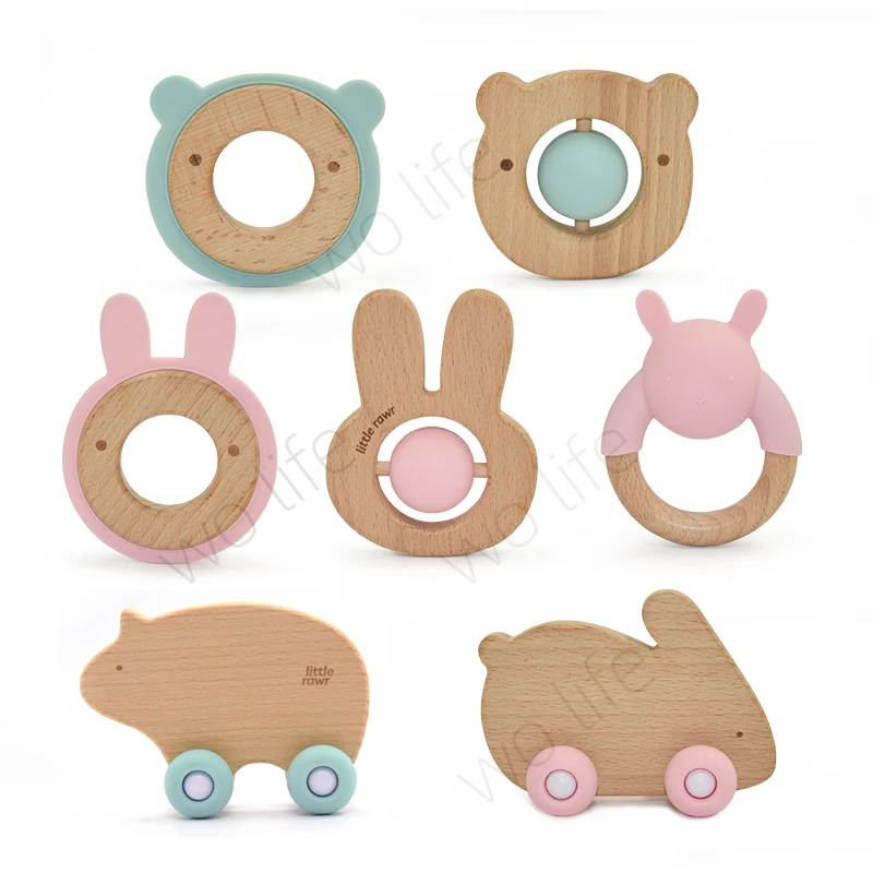 Non toxic new design food grade beech wood teether cute animal shape silicone teething teether baby chewy toy