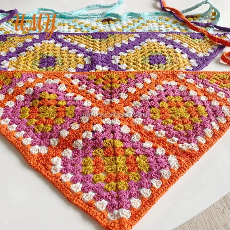 Hippie Headbands Women Cotton Handmade Bandana Granny Square Crochet Headscarf