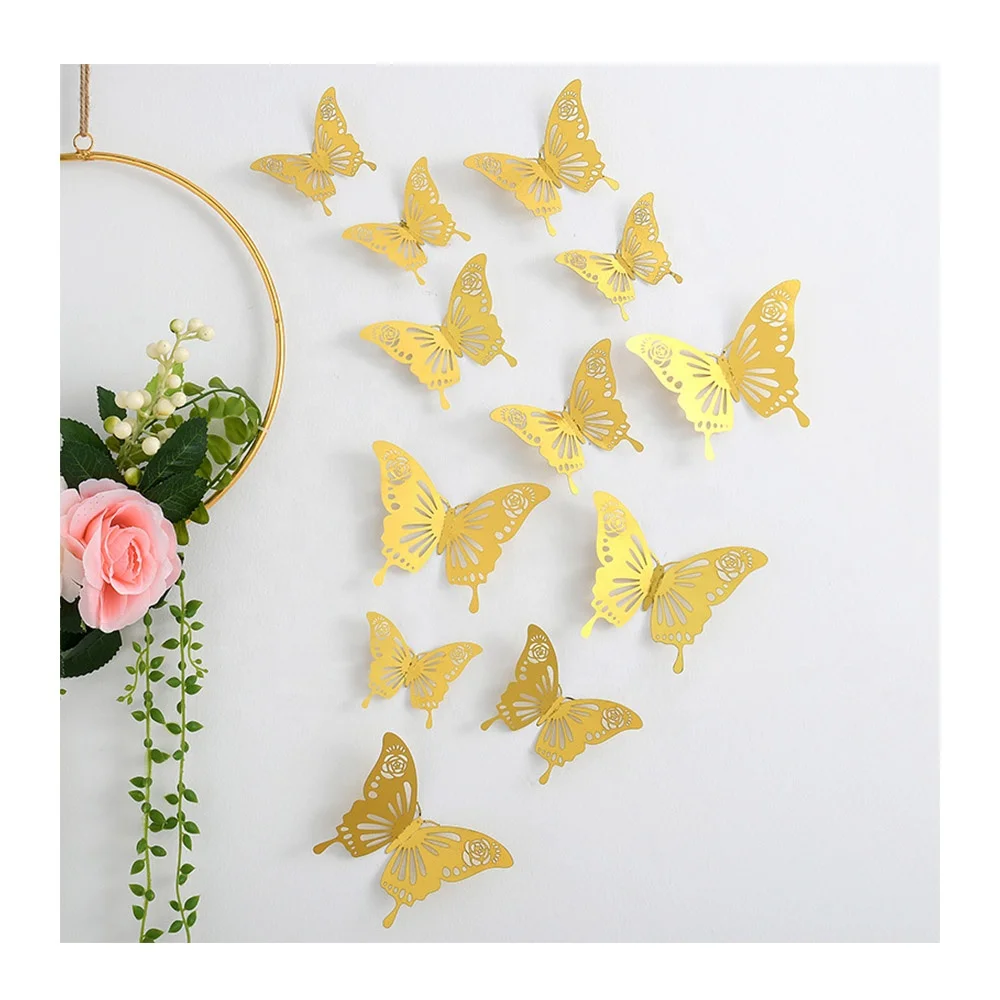 High Quality Bright Decor 12pcs Set Decoration Shiny Rose Gold Golden Silver 3D Hollow Butterfly Wall Stickers
