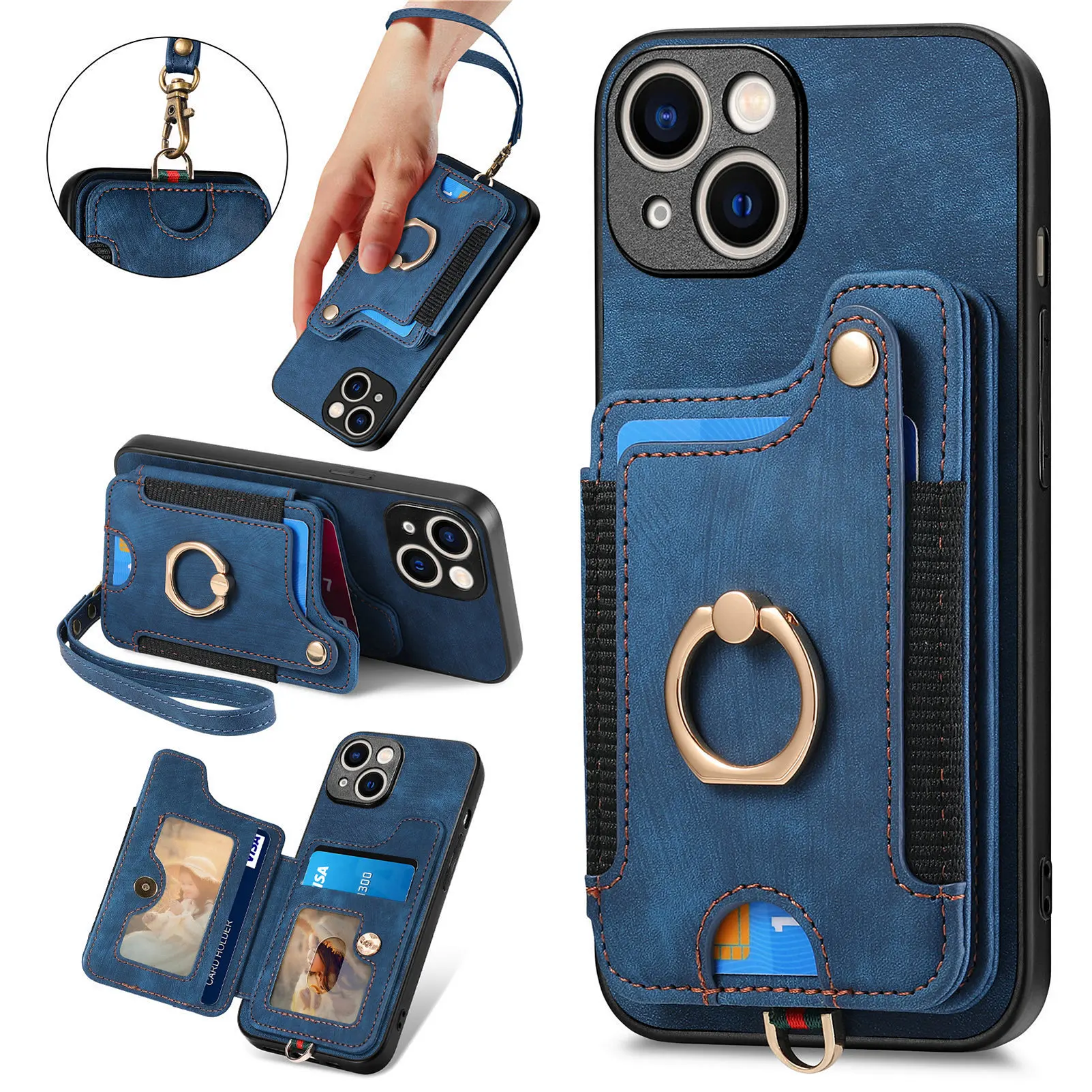 RFID anti-theft brush ring buckle lanyard card holder Multi-function mobile phone stand leather case model is optional