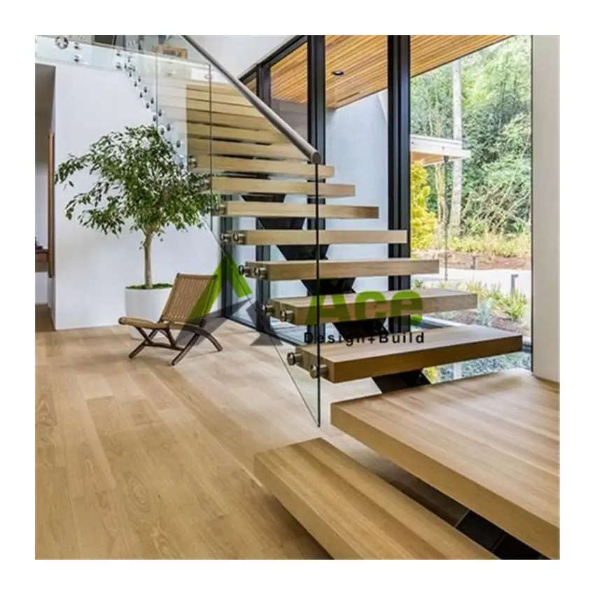 Cheap Design Walnut Slab Granite Loft Indoor Folding Wood Stairs Floating and Straight Stairs Staircase