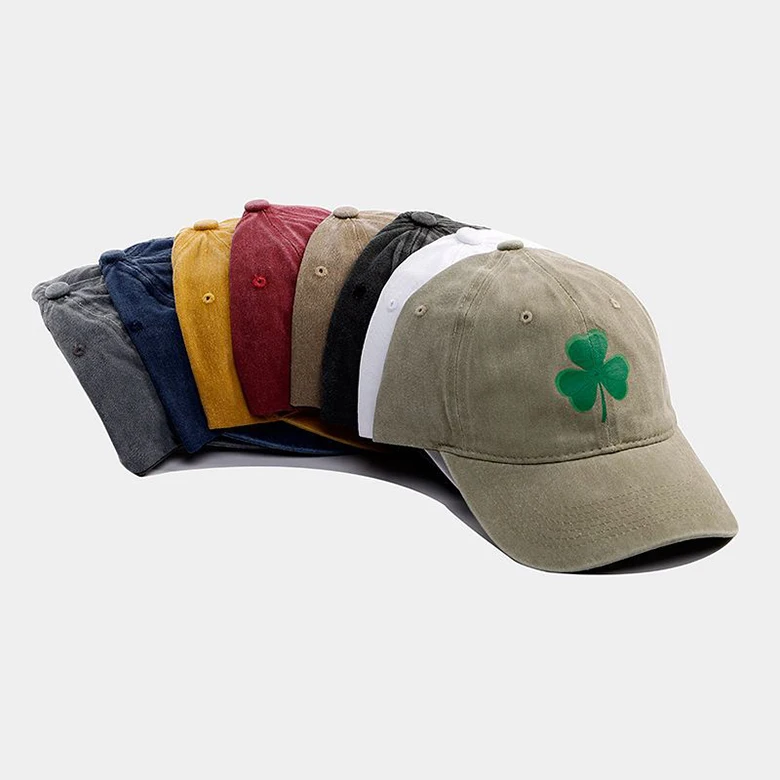 Custom Wash Cotton 3 Leaf Clover Shamrock Dad Hats Printing Clover Pattern Cap For Men & Women