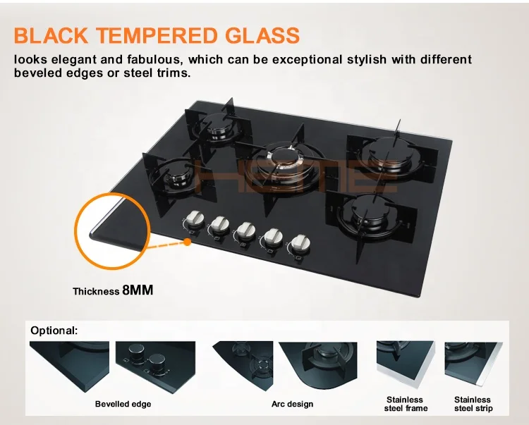 Home Kitchen Tempered Glass Top Stove 5 Burner Auto Ignition Built in Gas Cooktop