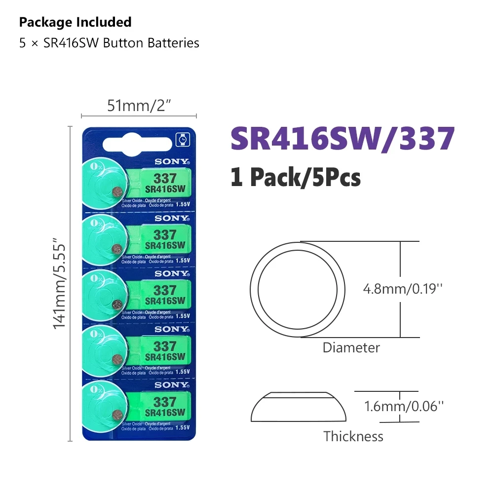 For SONY Original 337 SR416SW 1.55V Silver Oxide Button Cell Battery LR416 337A AG6 for Watch Toys