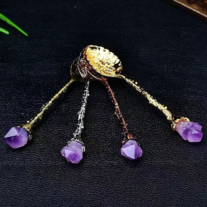 Natural best selling Amethyst Cluster Stirring Energy mineral Crystal Teaspoon Coffee Spoon for gift Kitchen Supplies decoration