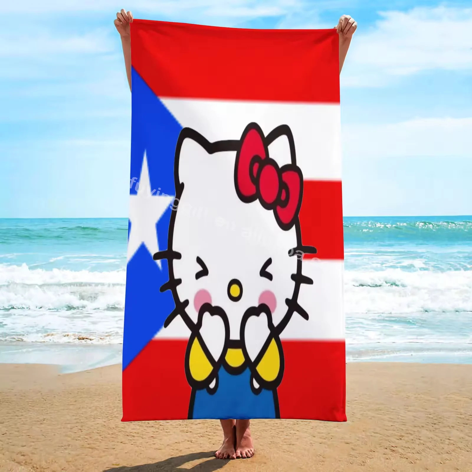 2024 Hot New VIVA Mexico Kitty Puerto Rico Flag Football Cat Printed Bath Towel Cartoon Square microfiber Quick Dry Beach Towel