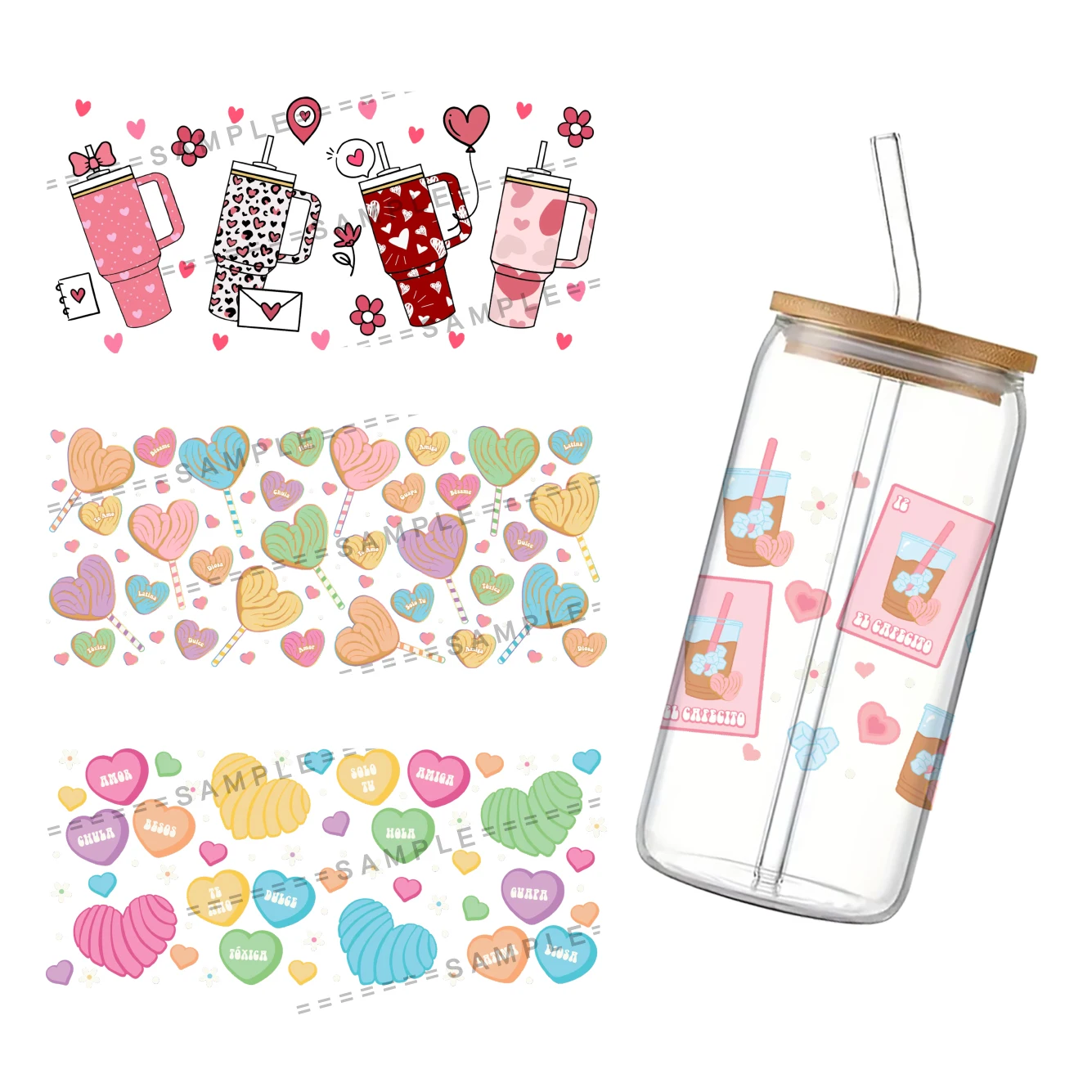 Forever Love Series Printed Pattern UV DTF Transfers Stickers  For 16oz Glasses Cups