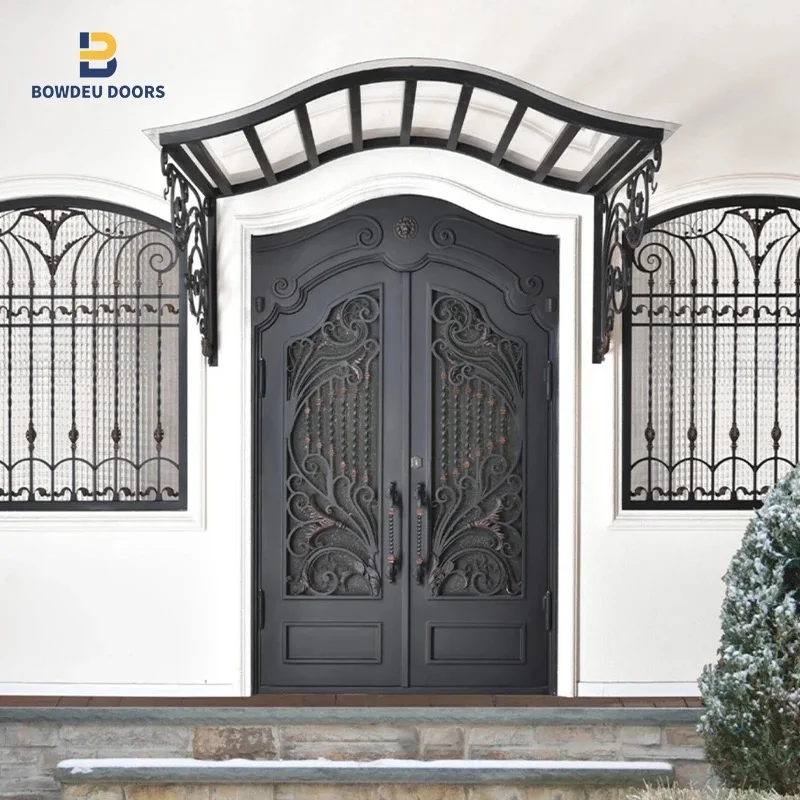 Modern double security door wrought iron entrance security steel front entry door with glass