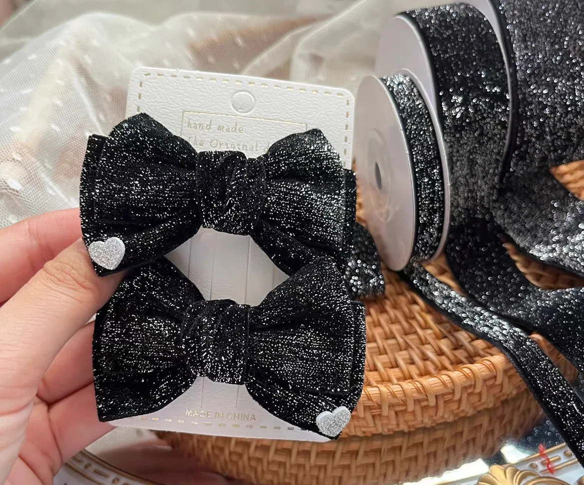 Glitter star dot velvet flocking ribbon New Year wedding decoration ribbon handmade DIY jewelry box packaging ribbon