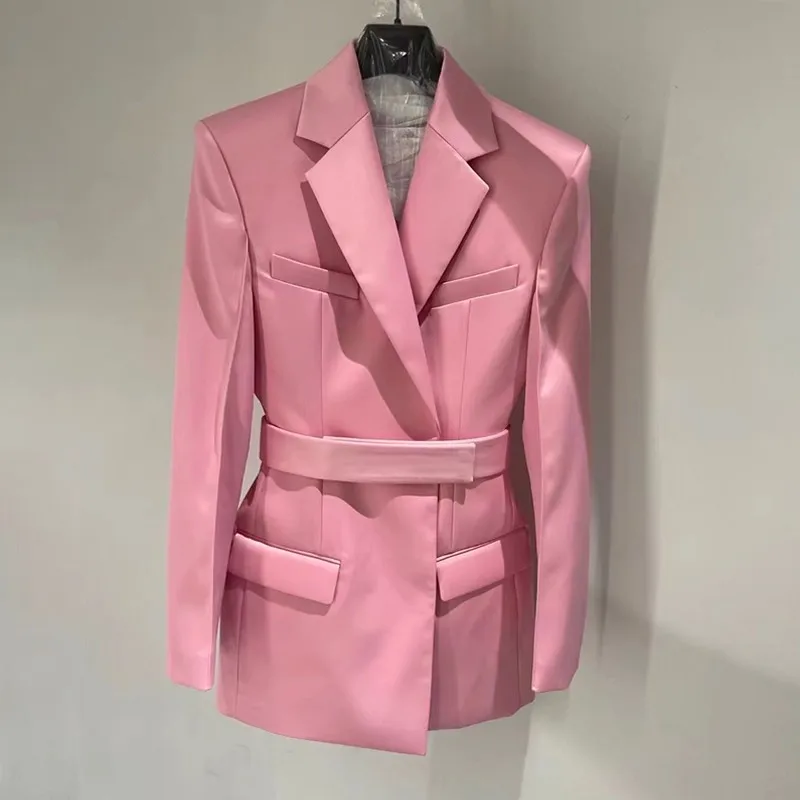 Women Blazer Bandage Fashion Pink Black Women Blazers And Jackets All Match Vintage Long Suit Coats Women 2022 New