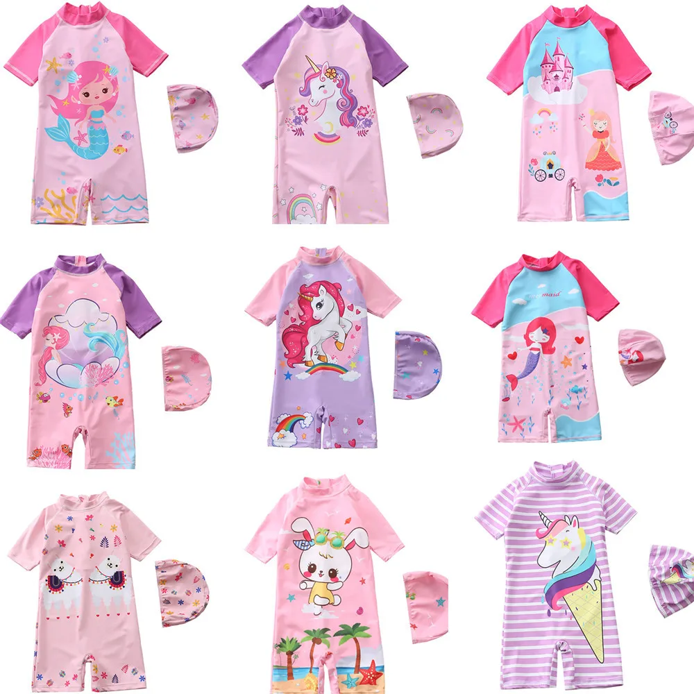 In Stock Pink Cute Young Girl Bikini Kids Swimwear New Design Kids Cartoon Swimwear For Girl