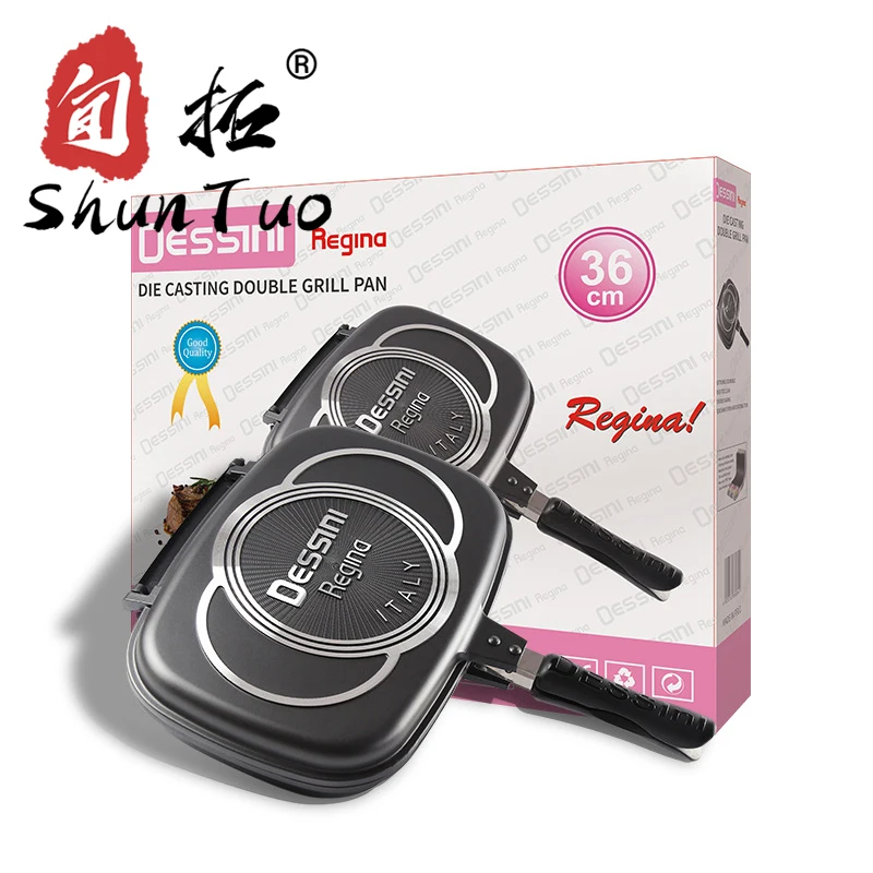 
coating pizza red enamel nonstick metal korea baking square fry bbq non stick double face aluminuim two sided grill pan 