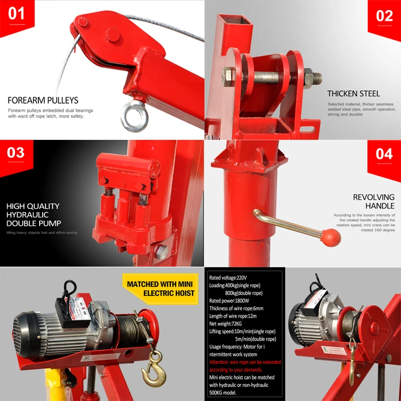 hand or electric hoist winch operated small pickup truck  car engine crane 1000kg  24v  14m hydraulic