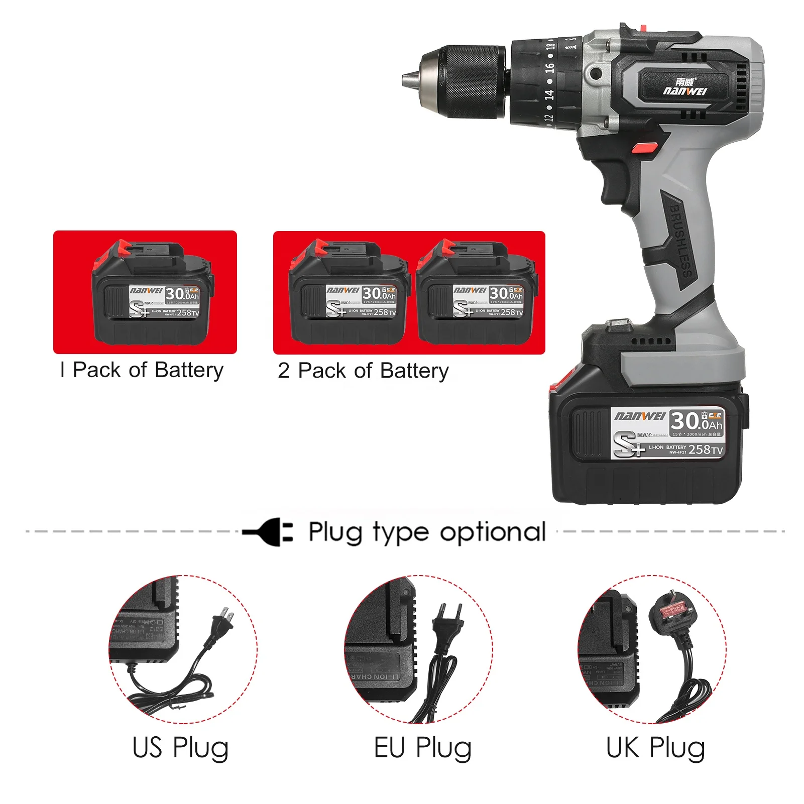 21V US plug 2pack Heavy Duty Cordless Electric Drill Dual-speed Variable Speed Control Wireless Rechargeable Hand Electric Drill