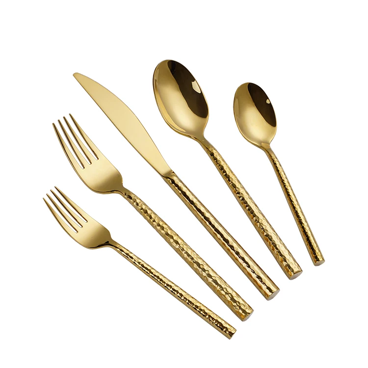 Heavy Silverware Wedding Stainless Steel 18/10 Titanium Plated Hammered Gold Cutlery Set