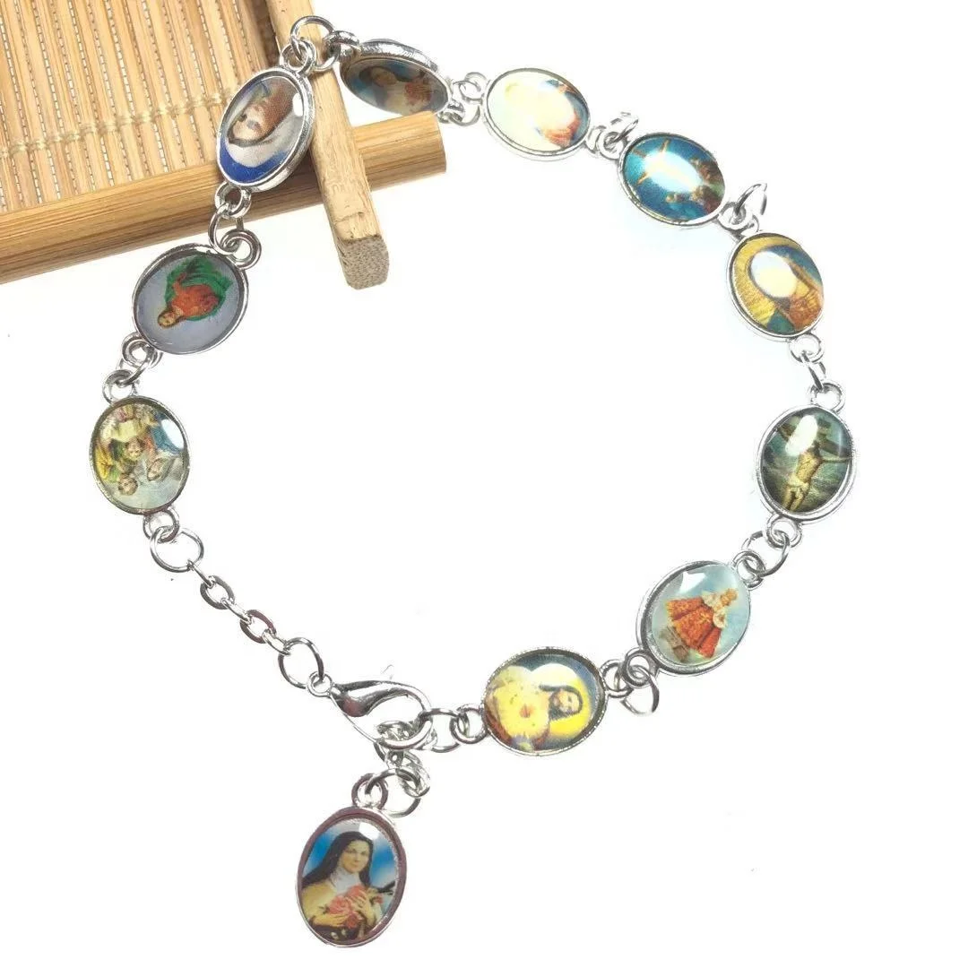 exquisite zinc alloy beads religious icon oval bead rosary bracelet catholic saint bangle