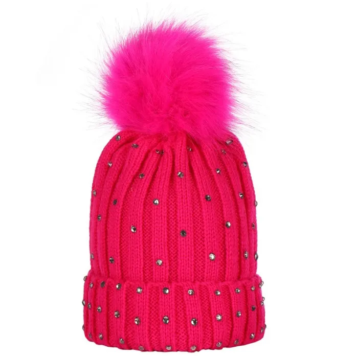 New design children big pompom ball wool winter hat rhinestone wholesale fashion knit baby kids diamond hats