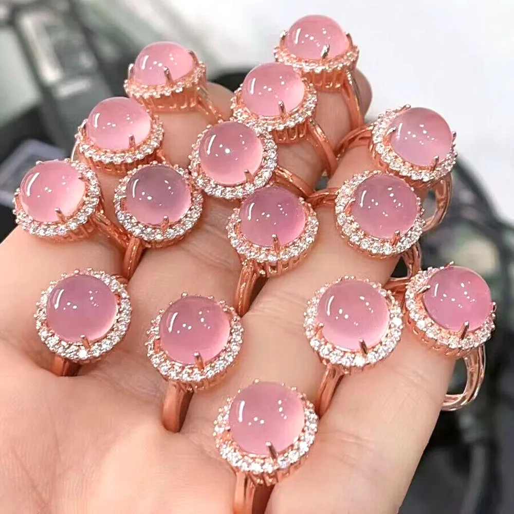High quality natural pink chalcedony rings diamond rings fashion jewelry rings