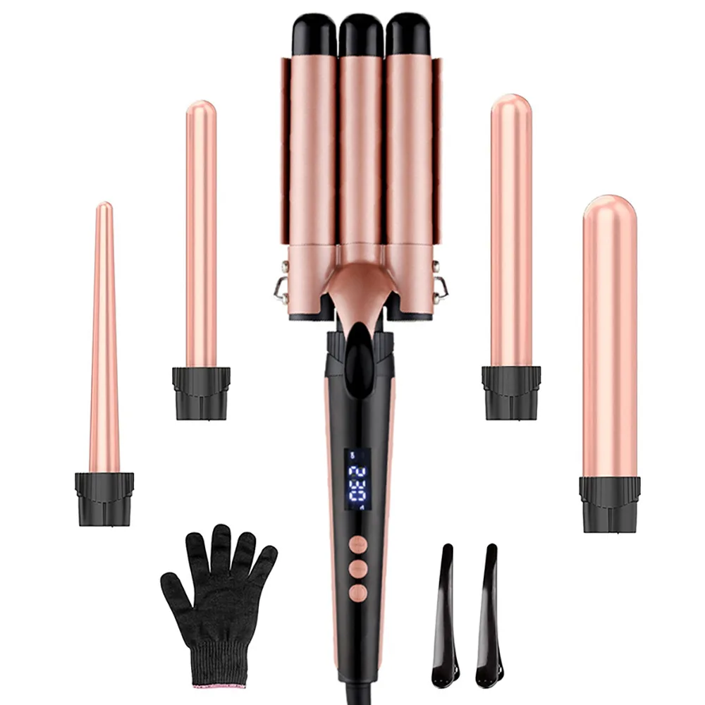 Professional Salon 5 In 1 Curl Waver Wand Curling Iron Ceramic Ionic Triple Rotating 3 Barrel Hair Curler