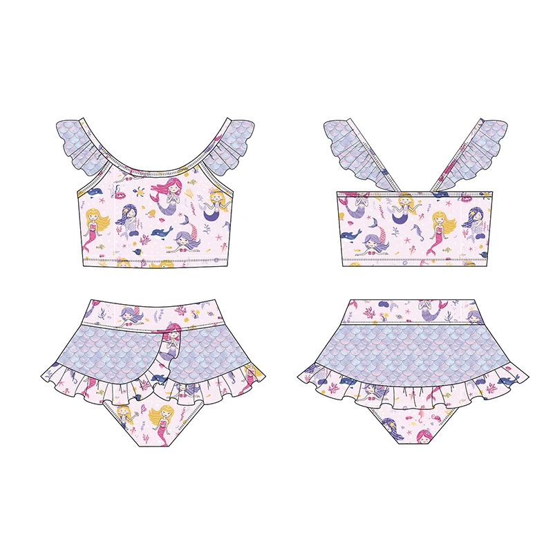 Yihui odm Custom Ruffle two Piece Green Floral baby Swimwear Swimming Suit Kids Swimsuit Children Bikini For Girls