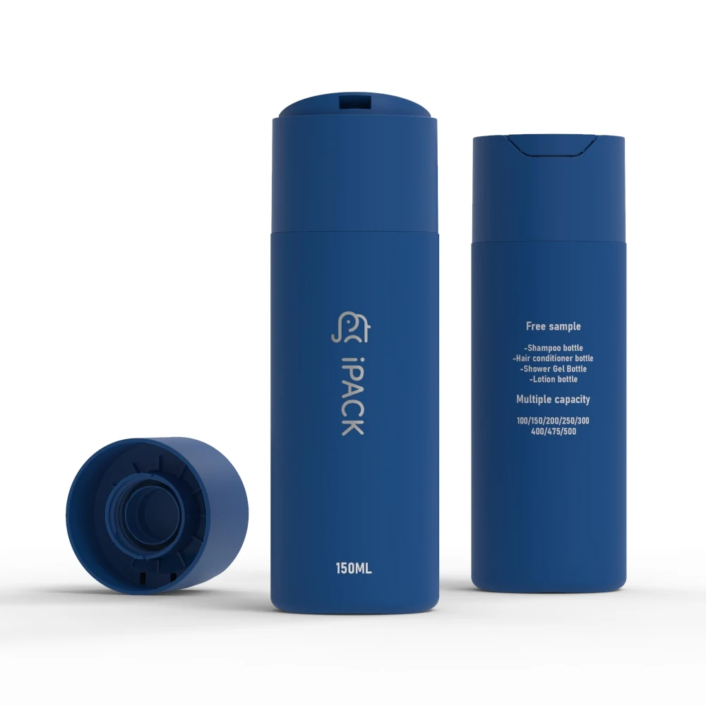 Round Custom HDPE Soft Touch Blue Shower Gel Packaging 150ml Squeeze Lotion Shampoo Plastic Disc Cap Bottle