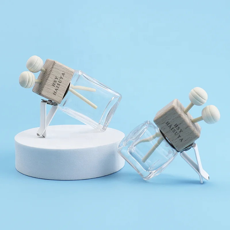 Custom Personalized 10ml 15ml Mini Home Hotel Car Perfume Oil Square Glass Aroma Bottle Wood Vent Diffuser Scent Air Freshener