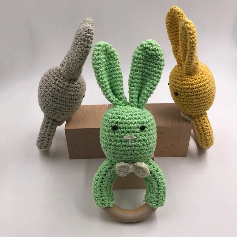 In Stock Bunny Teether Baby Wooden Crochet Rattle