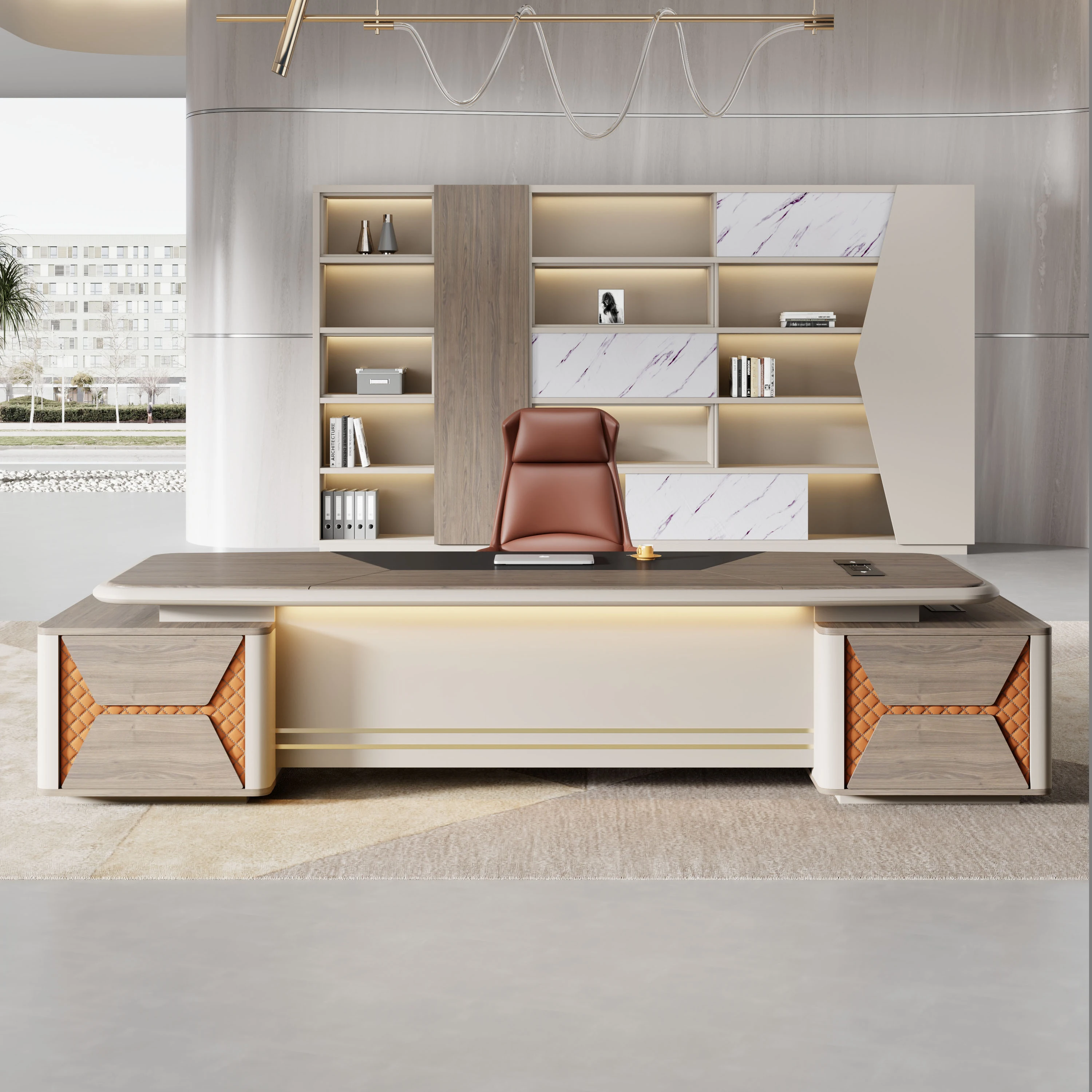 Modern ceo l shaped table working white panel metal wooden glass luxury computer high tech furniture home executive office desk