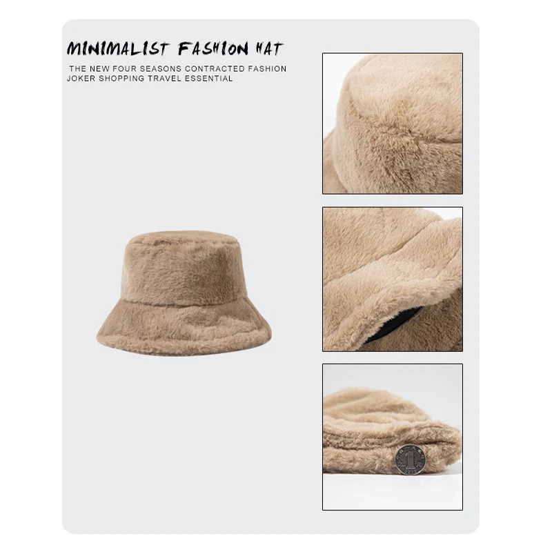 Wholesale Custom Vintage Solid Color Thickened Fuzzy Warm Fisherman Hat Winter Faux Rabbit Wool Fluffy Plush Bucket Hat