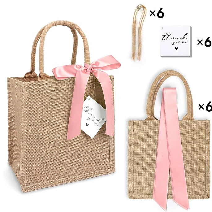 With Pink Ribbon Strap With Logo Printed Hessian Burlap Jute Tote Bag Wholesale For Advertising