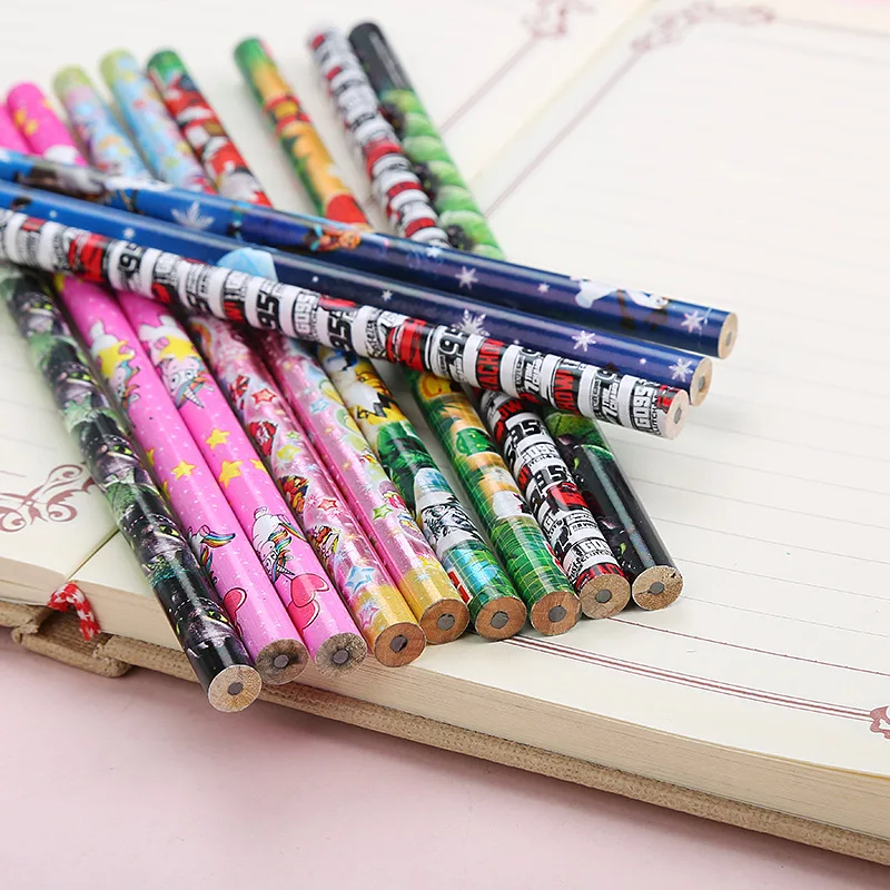 Pencil manufacturers customize color printing film thermal transfer kids HB 2B cartoon round pencil with eraser