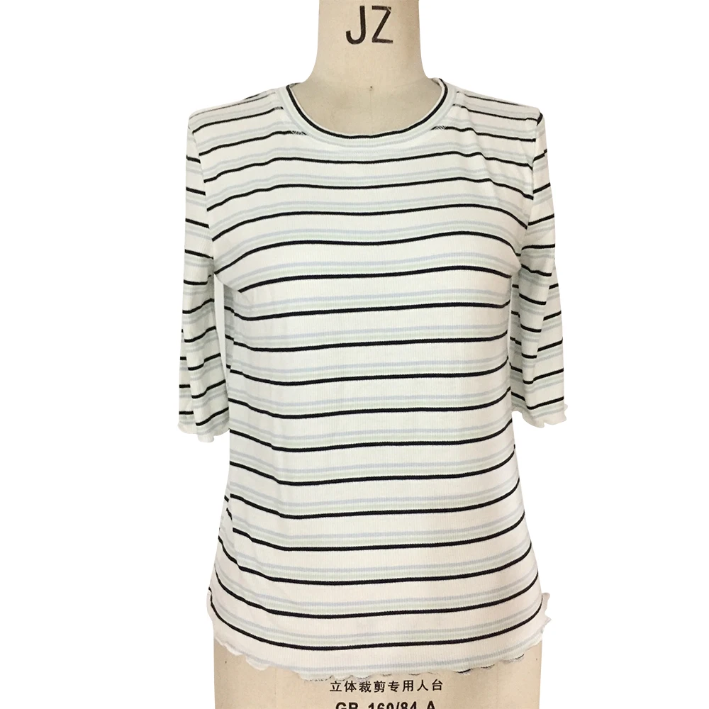 Ladies elbow slvs yarn-dyed 2x2 rib top with pearls