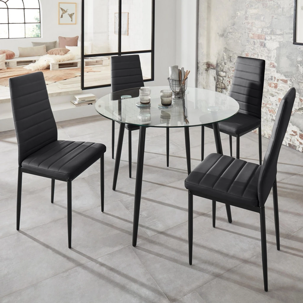 hot sale new dining room furniture modern group glass dining table sets with 4 chairs