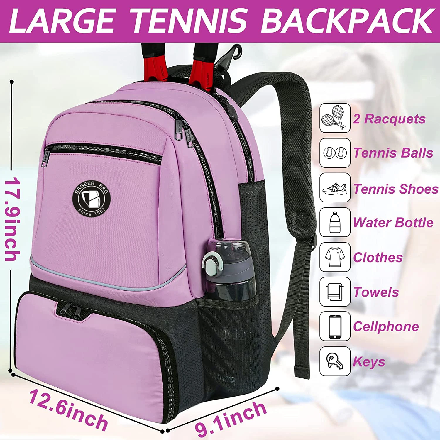 Tennis Bag for Men/Women to Hold 2 Rackets Tennis Backpack with Separate Shoe Space for Tennis Sport