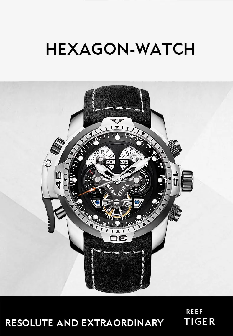 Reef Tiger RGA3503 2024 Watch Rubber Automatic Calendar Date Day Complicated Black Dial Mechanical Bracelet tiger reef watches