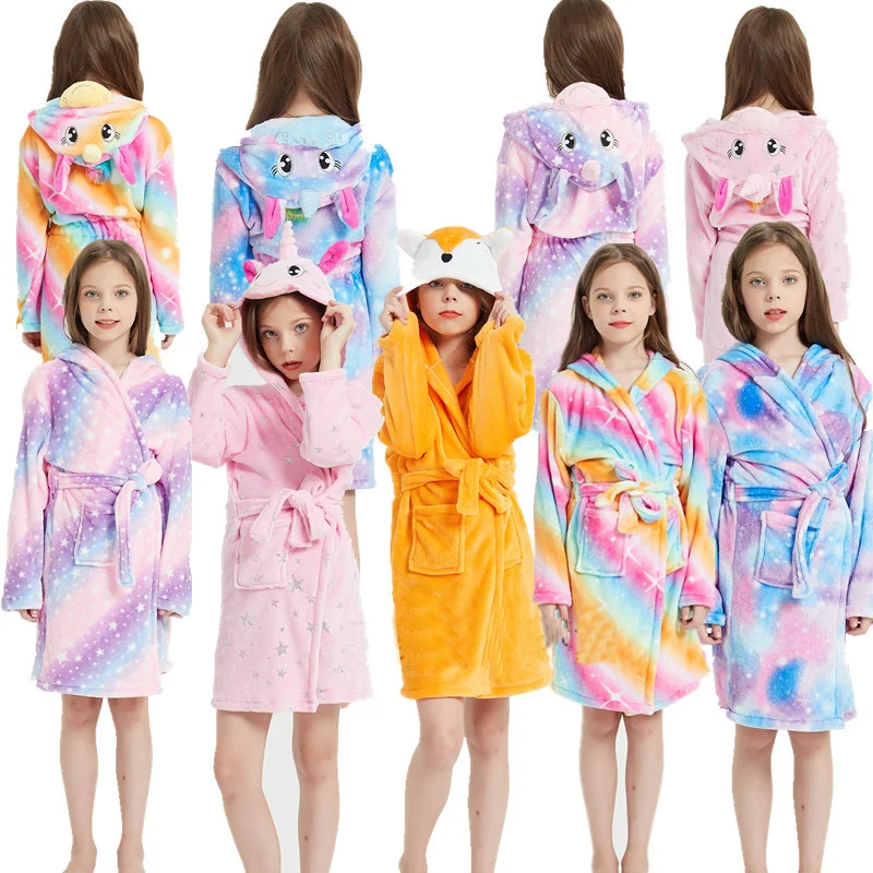 Hot Selling Winter New Girls Hooded Flannel Cartoon Animal Velvet Bathrobes