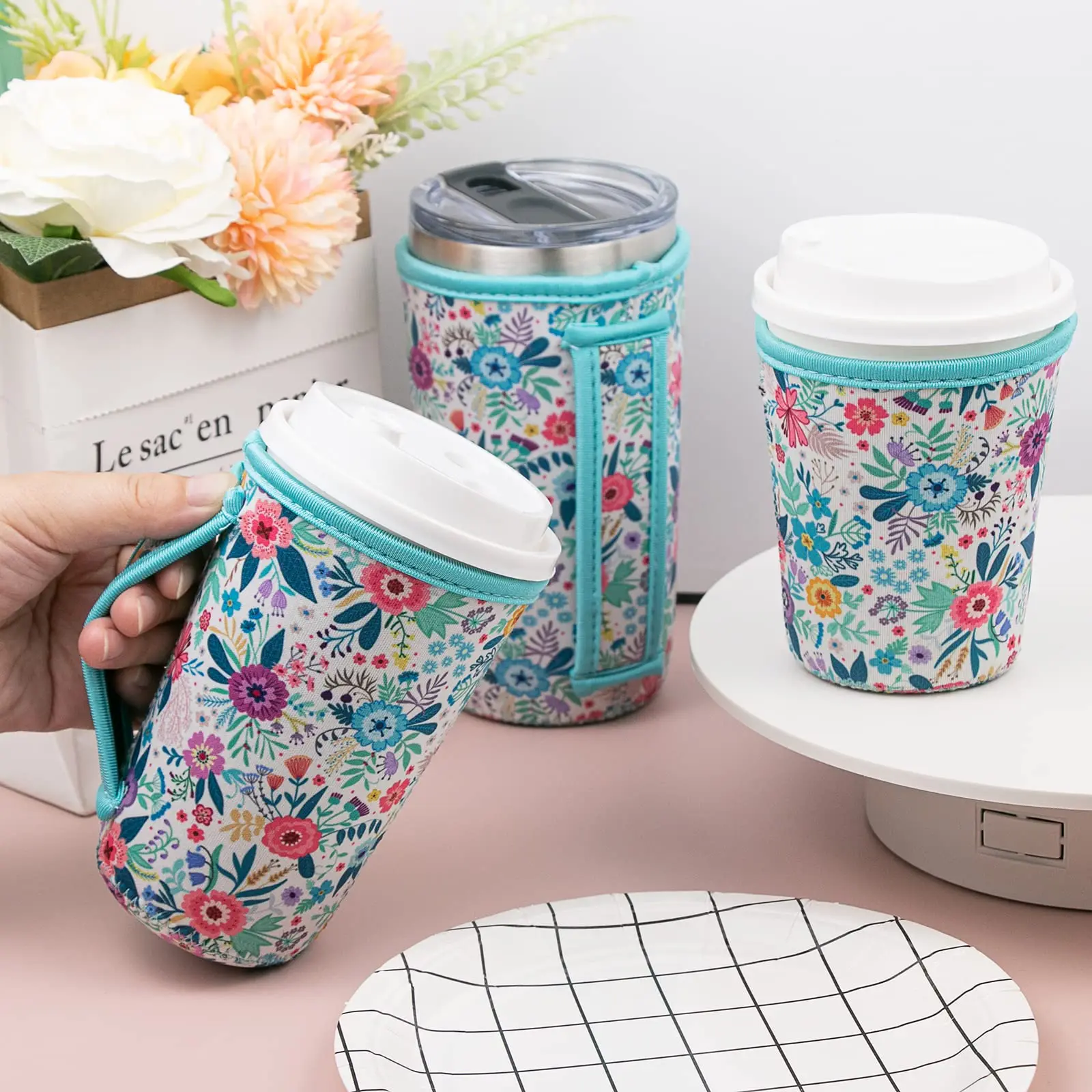 Wholesale Sublimation Silk Printing  Coffee Drinks Neoprene Coozies 3Size Reusable Neoprene Iced Coffee Cup Sleeve With Handle
