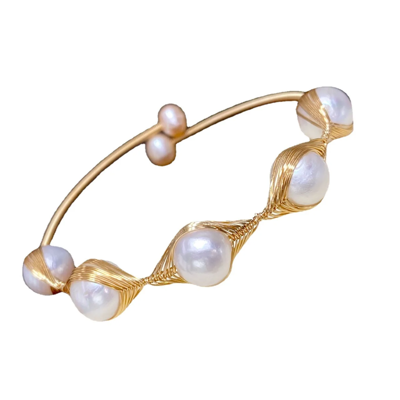 Adjustable Natural Real White Big 10mm Pearl Cuff Bangles 14K PVD Gold Plated Pearl Bead Bracelet For Women