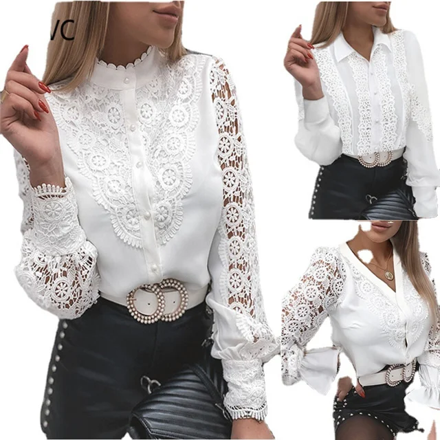 2021 Summer Fashion Lace Long-sleeved V-neck Button Blouse