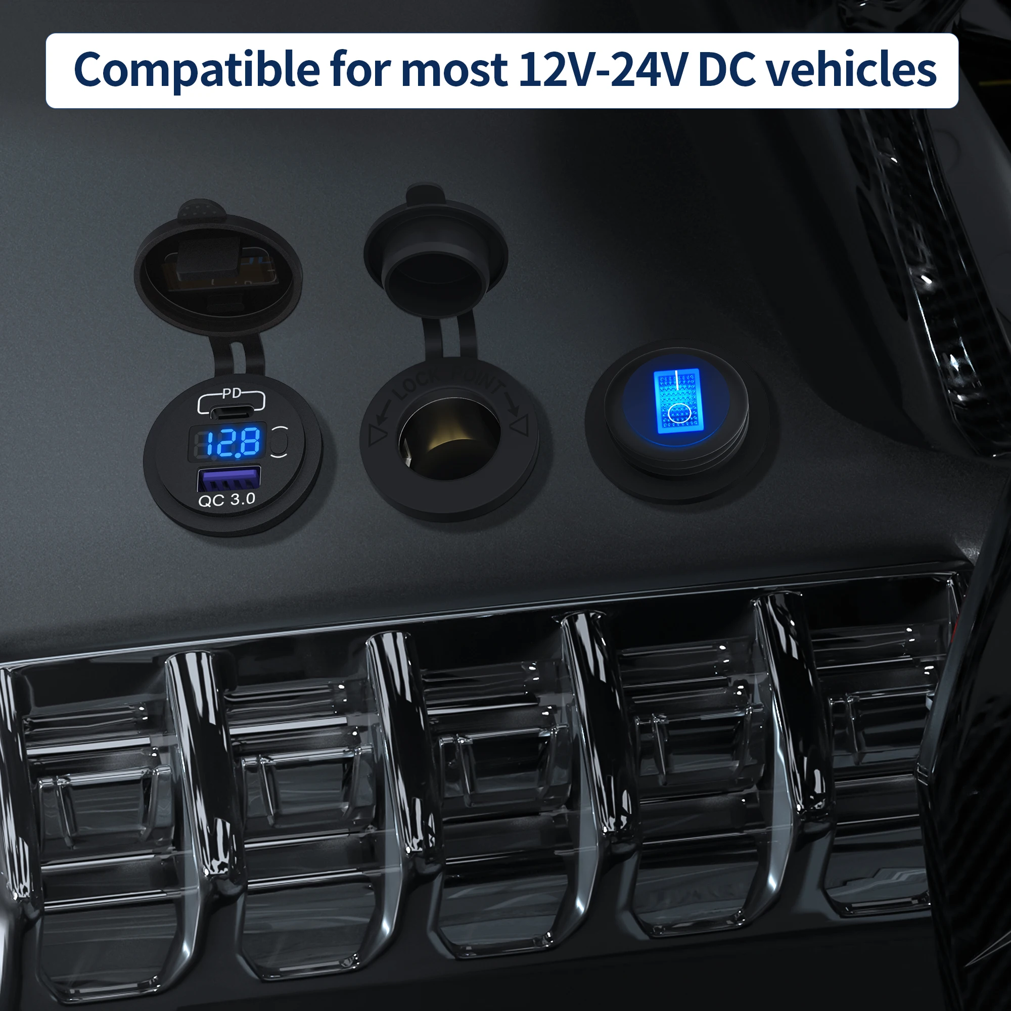 DC 12 Volt Waterproof QC3.0 USB Type C 2 Port Car Charger Dual USB Socket with 12-24V Range for RV Marine Use